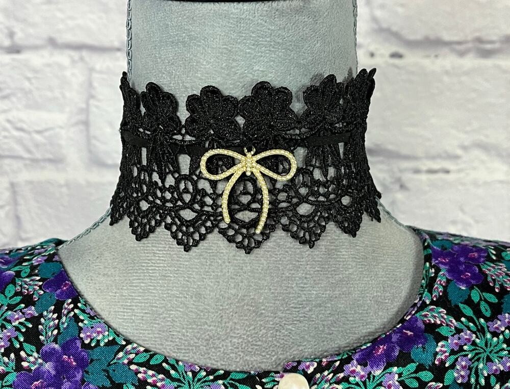 Handmade Black Lace Whimsigoth Choker Necklace with Pearl Bow Centerpiece